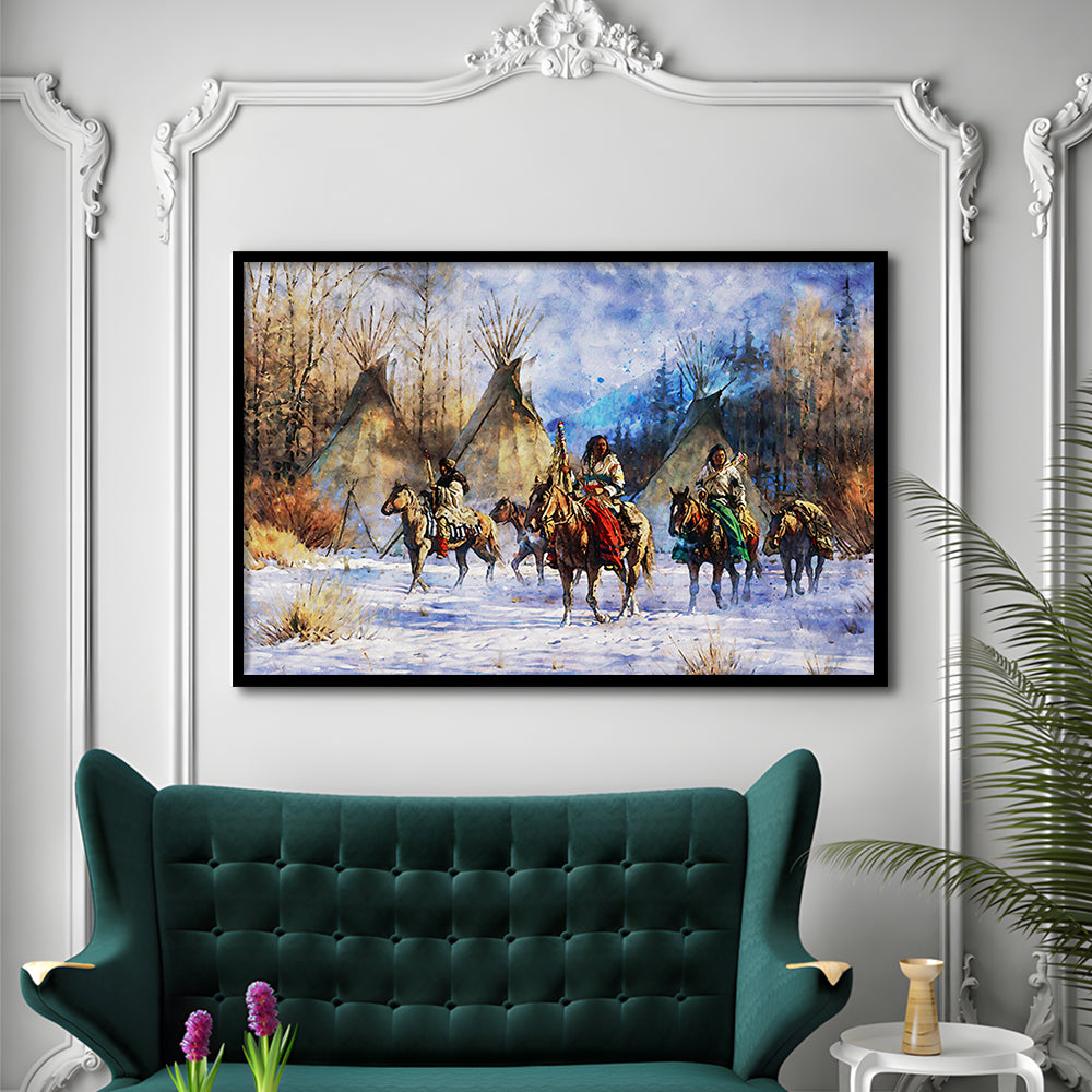 Indian Life American Watercolor Art, Framed  Print, Painting Art, Framed Art Print Wall Decor, Framed Picture
