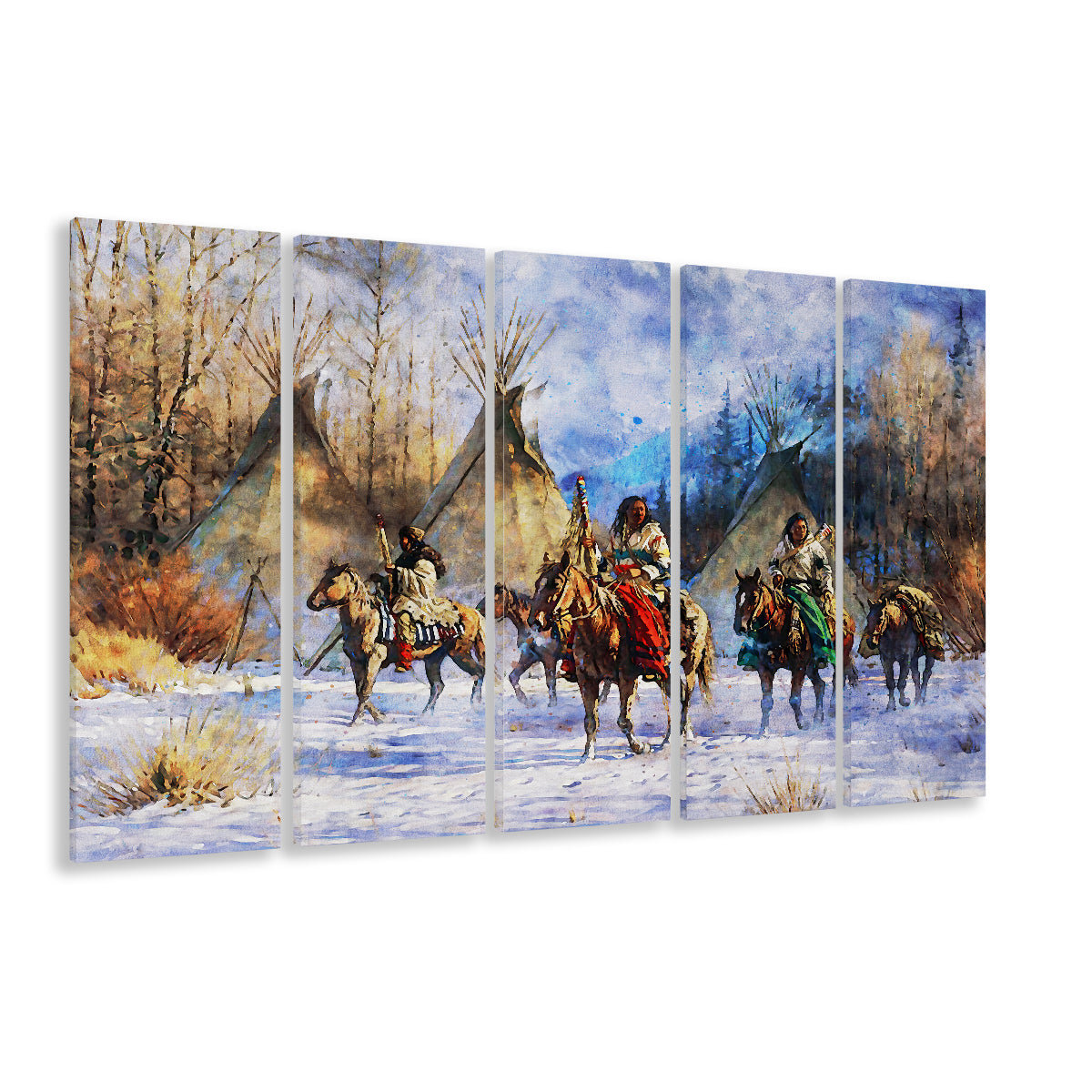 Indian Life American Watercolor Art, Canvas Art Print, Painting Art, Multi Panels Canvas Print Wall Art