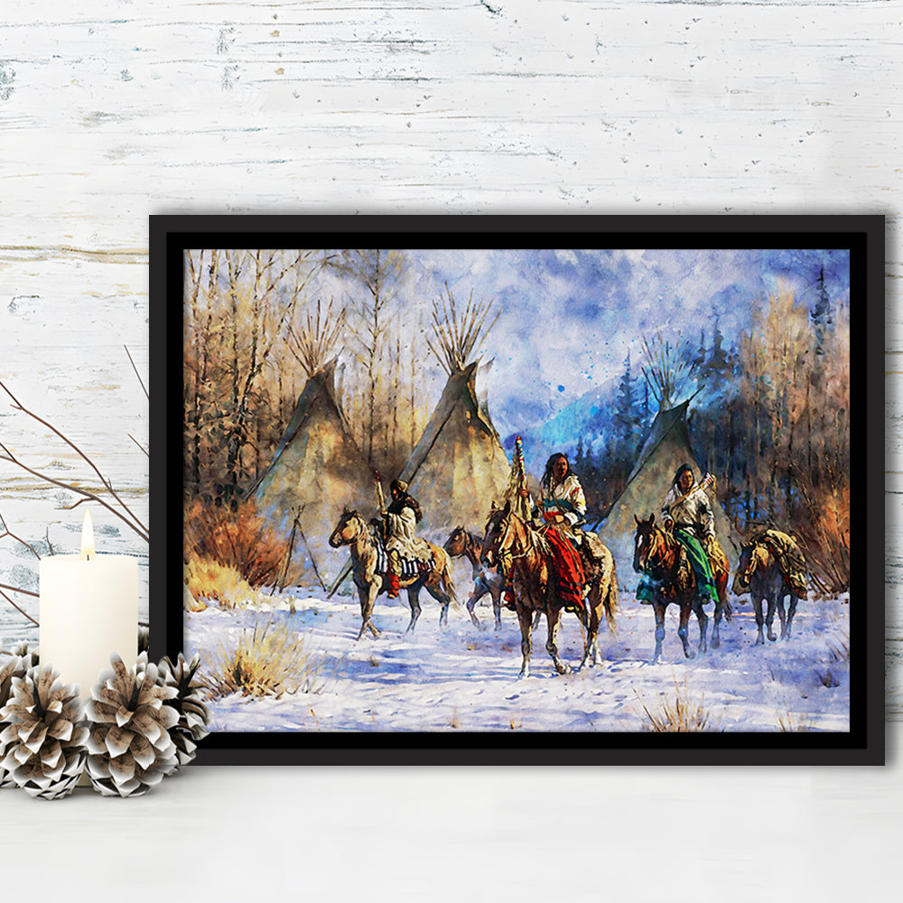 Indian Life American Watercolor Art, Framed Canvas Print, Painting Art, Floating Framed Canvas Print Wall Art