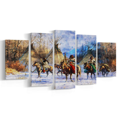 Indian Life American Watercolor Art, Canvas Art Decor Print, Painting Art, Mixed Panels Canvas Print Wall Art