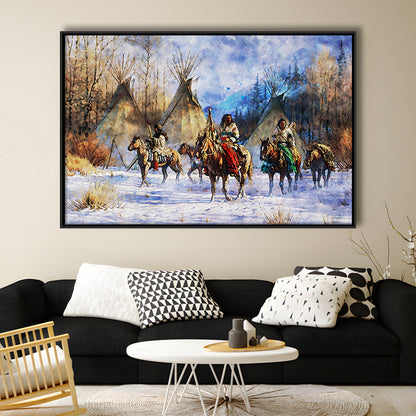 Indian Life American Watercolor Art, Framed Canvas Print, Painting Art, Floating Framed Canvas Print Wall Art
