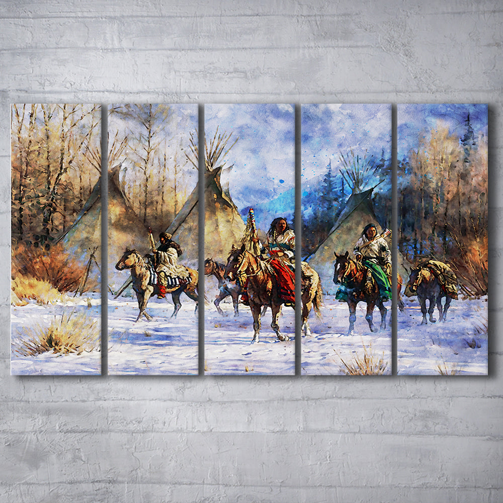 Indian Life American Watercolor Art, Canvas Art Print, Painting Art, Multi Panels Canvas Print Wall Art