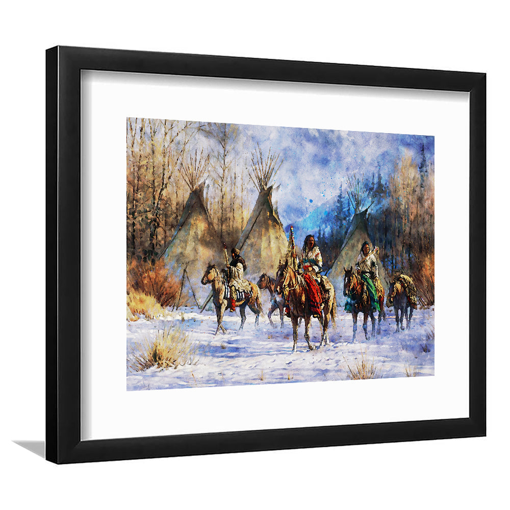 Indian Life American Watercolor Art, Framed  Print, Painting Art, Framed Art Print White Border Wall Decor