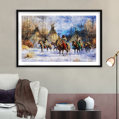 Indian Life American Watercolor Art, Framed  Print, Painting Art, Framed Art Print White Border Wall Decor