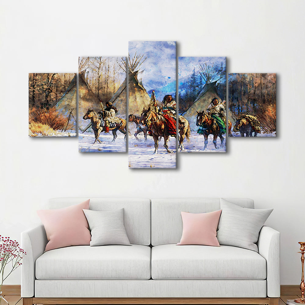 Indian Life American Watercolor Art, Canvas Art Decor Print, Painting Art, Mixed Panels Canvas Print Wall Art