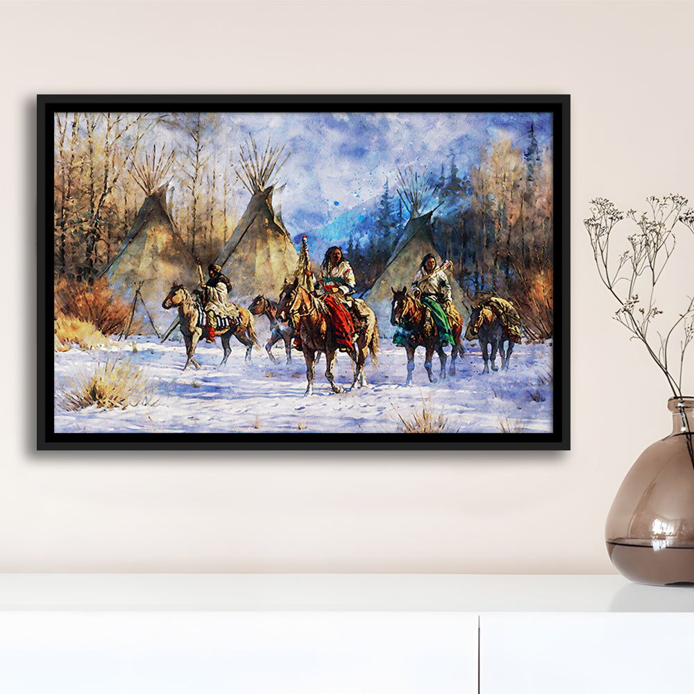 Indian Life American Watercolor Art, Framed Canvas Print, Painting Art, Floating Framed Canvas Print Wall Art