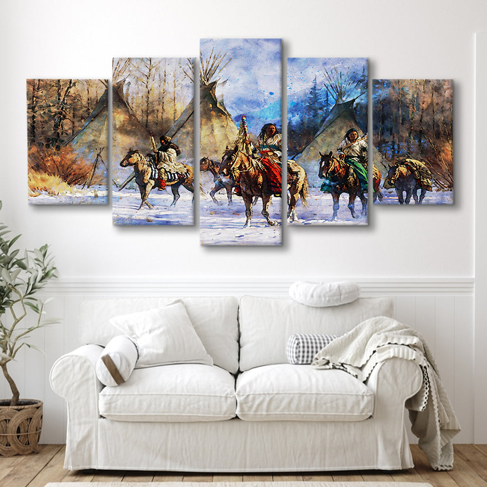 Indian Life American Watercolor Art, Canvas Art Decor Print, Painting Art, Mixed Panels Canvas Print Wall Art