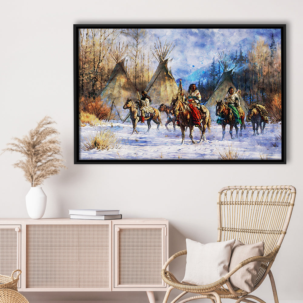 Indian Life American Watercolor Art, Framed Canvas Print, Painting Art, Floating Framed Canvas Print Wall Art