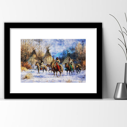 Indian Life American Watercolor Art, Framed  Print, Painting Art, Framed Art Print White Border Wall Decor