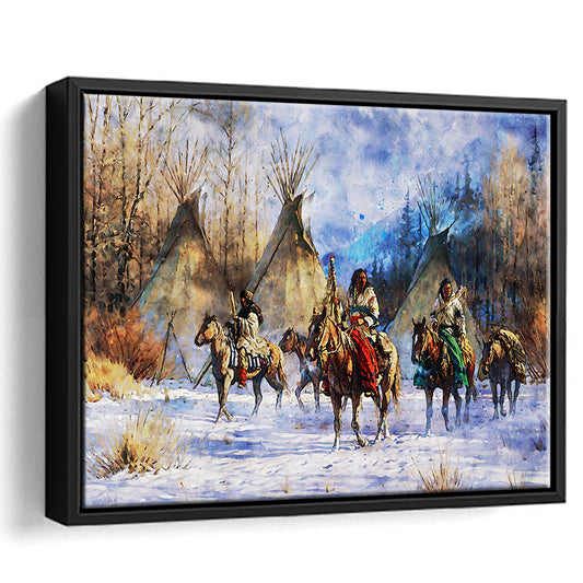 Indian Life American Watercolor Art, Framed Canvas Print, Painting Art, Floating Framed Canvas Print Wall Art