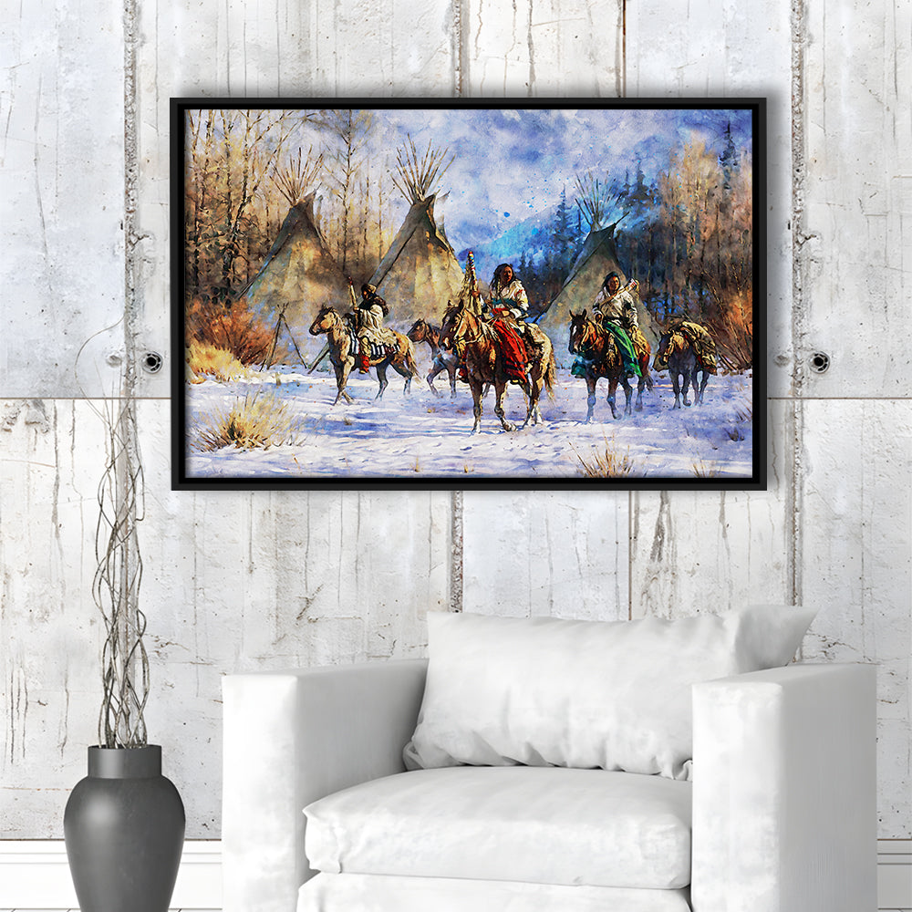 Indian Life American Watercolor Art, Framed Canvas Print, Painting Art, Floating Framed Canvas Print Wall Art