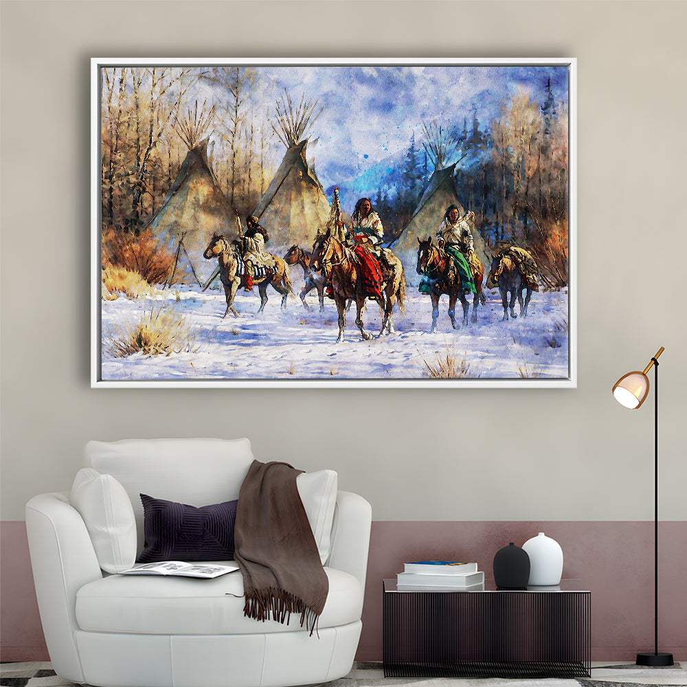 Indian Life American Watercolor Art, Framed Canvas Print, Painting Art, Floating Framed Canvas Print Wall Art