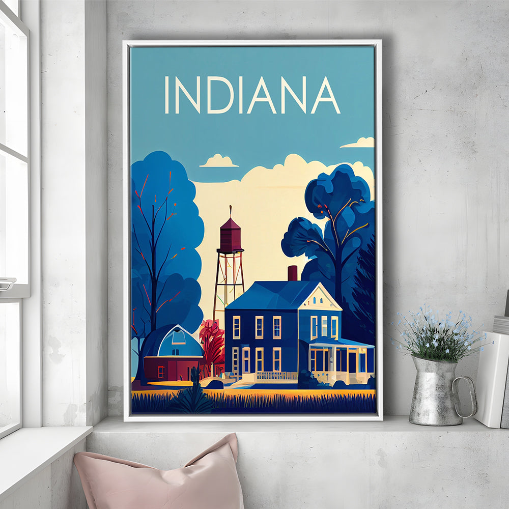 Indiana Retro Art Print, Indiana City Wall Art, Floating Framed Canvas Print, Framed Picture, Painting Canvas
