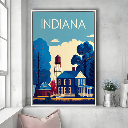 Indiana Retro Art Print, Indiana City Wall Art, Floating Framed Canvas Print, Framed Picture, Painting Canvas