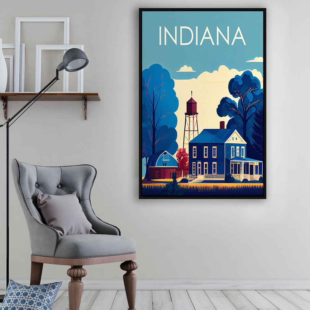 Indiana Retro Art Print, Indiana City Wall Art, Floating Framed Canvas Print, Framed Picture, Painting Canvas