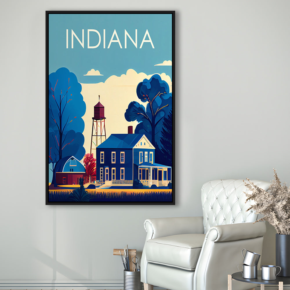 Indiana Retro Art Print, Indiana City Wall Art, Floating Framed Canvas Print, Framed Picture, Painting Canvas