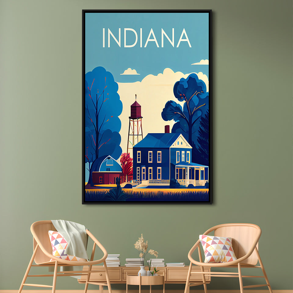 Indiana Retro Art Print, Indiana City Wall Art, Floating Framed Canvas Print, Framed Picture, Painting Canvas