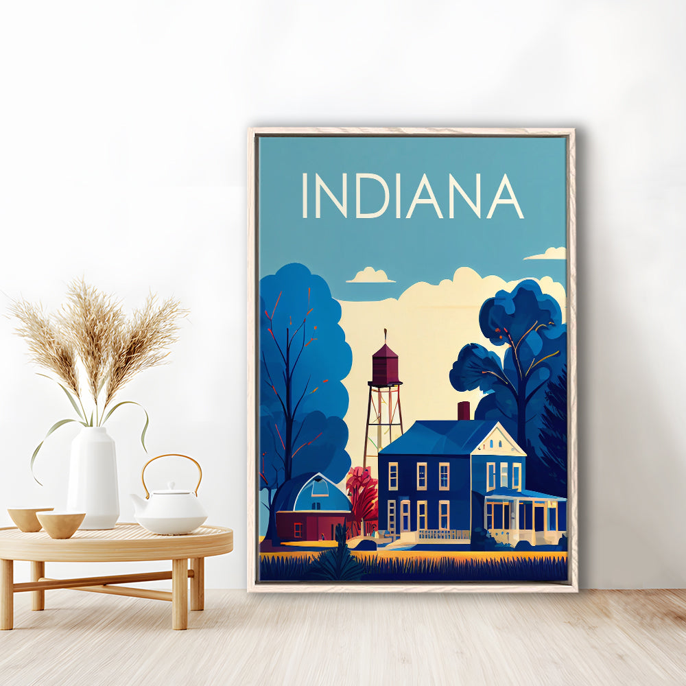 Indiana Retro Art Print, Indiana City Wall Art, Floating Framed Canvas Print, Framed Picture, Painting Canvas
