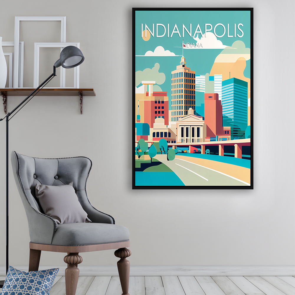 Indianapolis Retro Art Print, Indianapolis City Wall Art, Floating Framed Canvas Print, Framed Picture, Painting Canvas