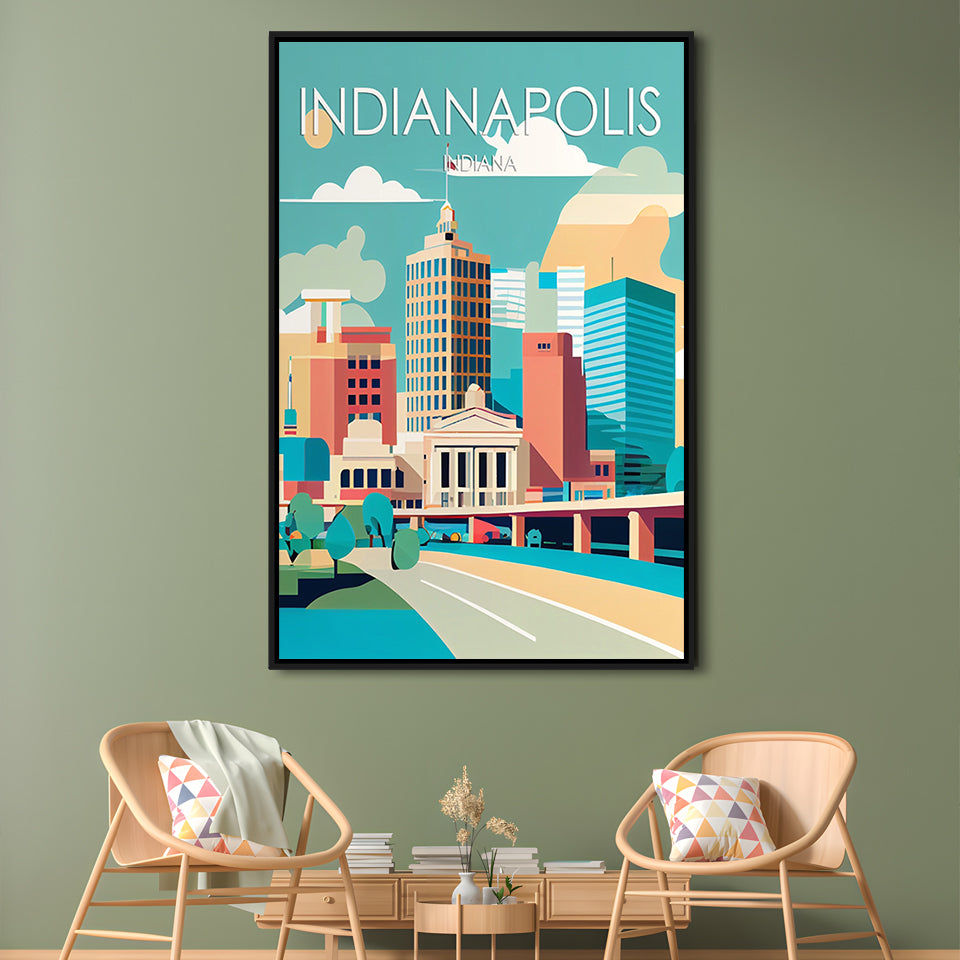Indianapolis Retro Art Print, Indianapolis City Wall Art, Floating Framed Canvas Print, Framed Picture, Painting Canvas