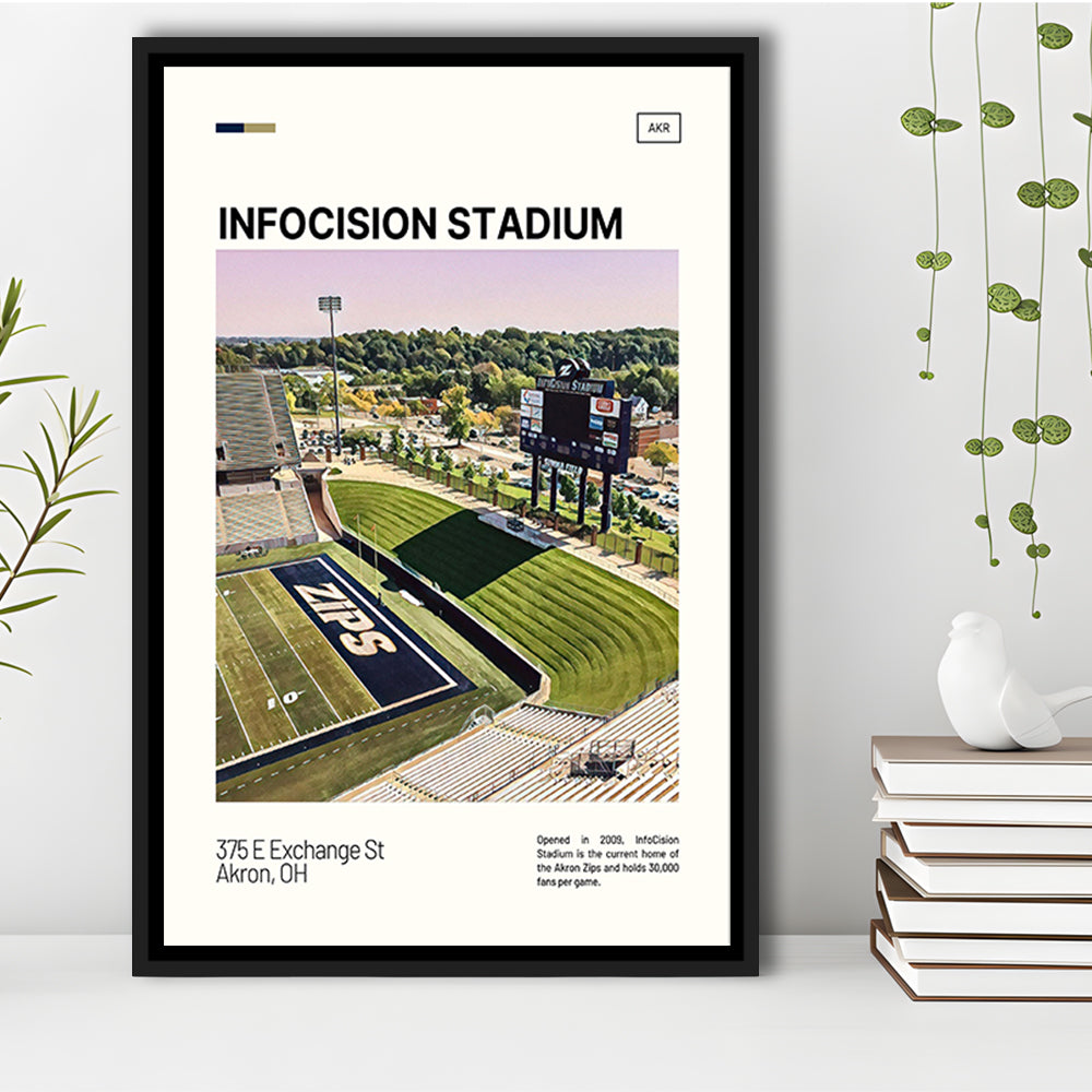InfoCision Stadium Print, Akron Zips Stadium Canvas Art, Man Cave Gift, Floating Framed Canvas Print Wall Art