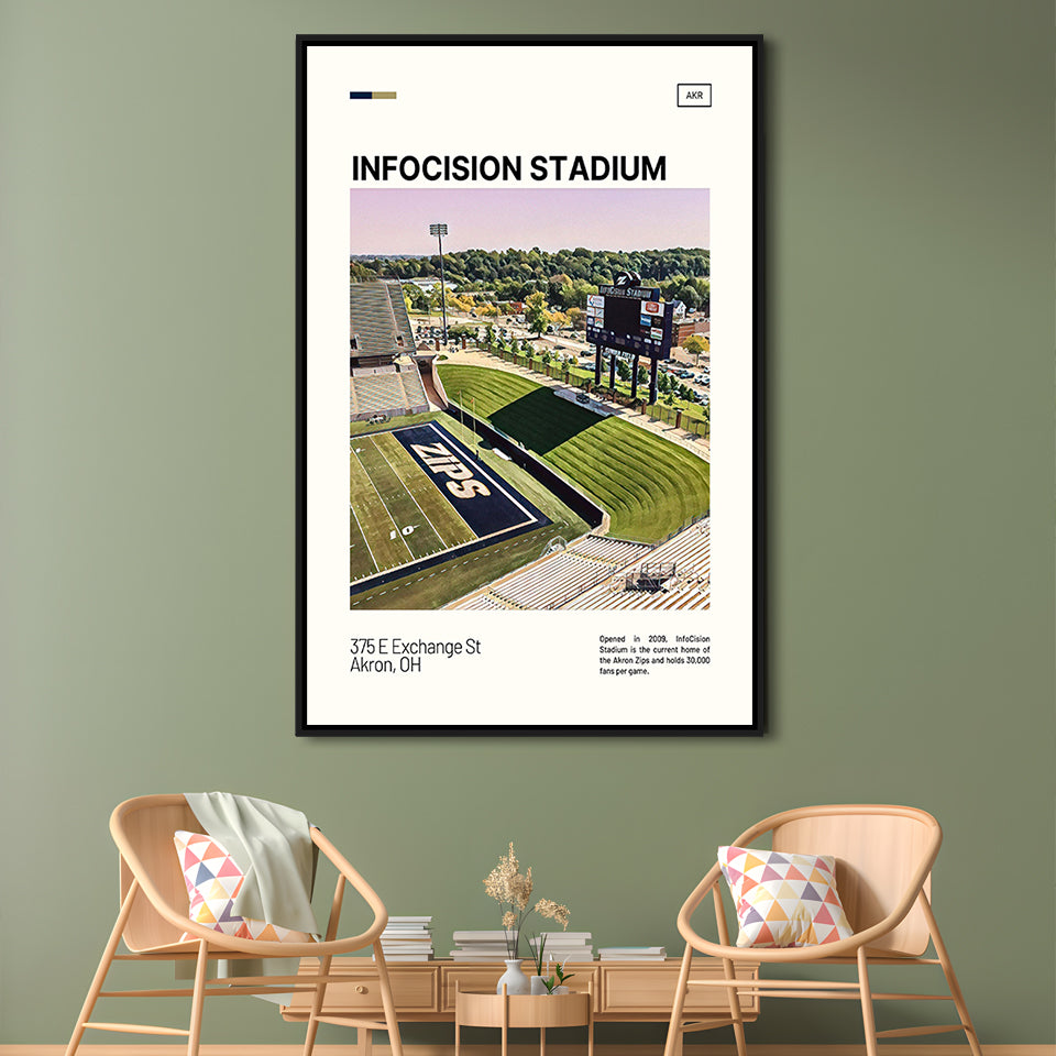 InfoCision Stadium Print, Akron Zips Stadium Canvas Art, Man Cave Gift, Floating Framed Canvas Print Wall Art