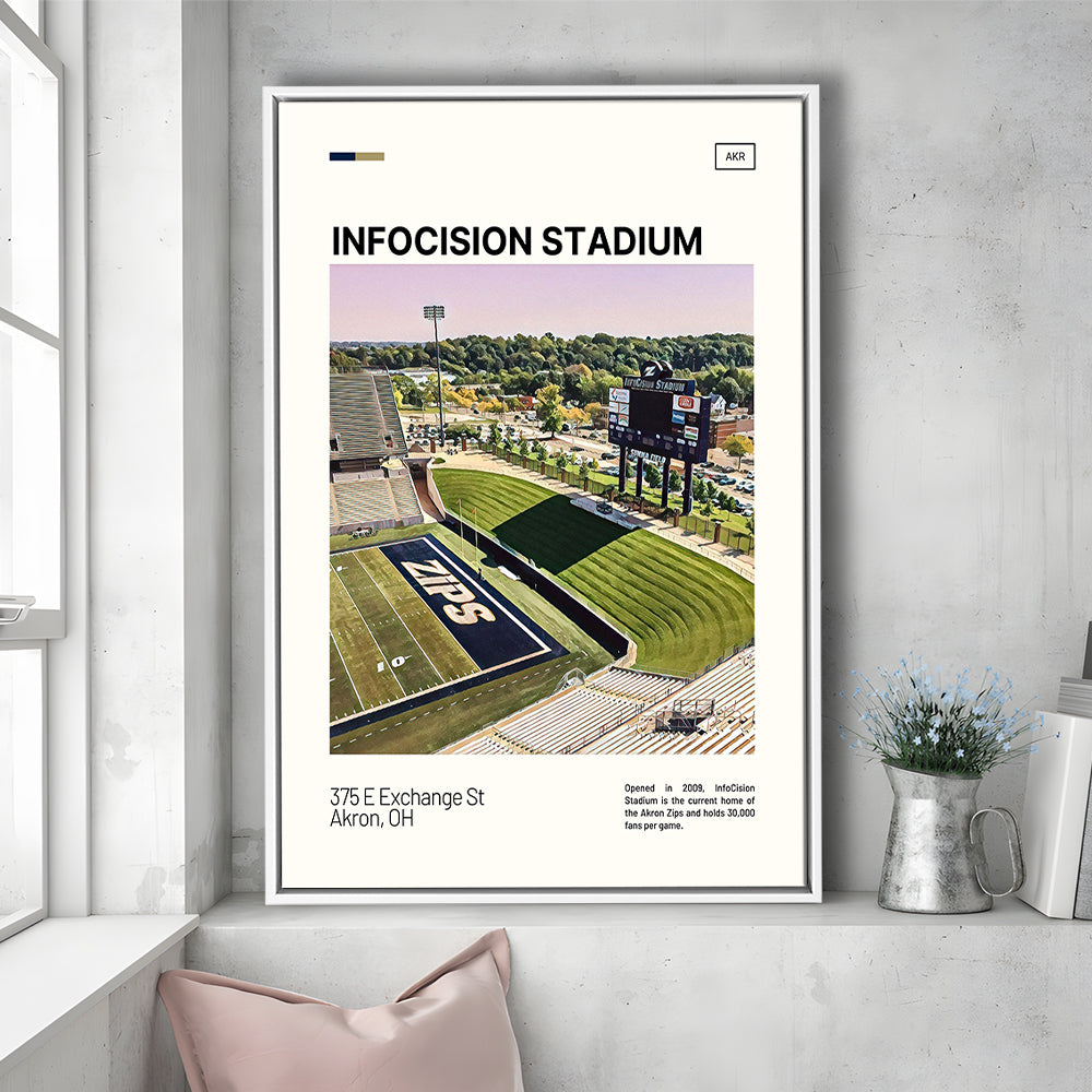 InfoCision Stadium Print, Akron Zips Stadium Canvas Art, Man Cave Gift, Floating Framed Canvas Print Wall Art