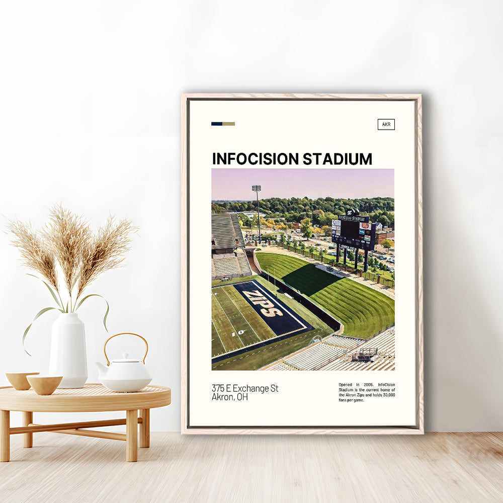 InfoCision Stadium Print, Akron Zips Stadium Canvas Art, Man Cave Gift, Floating Framed Canvas Print Wall Art