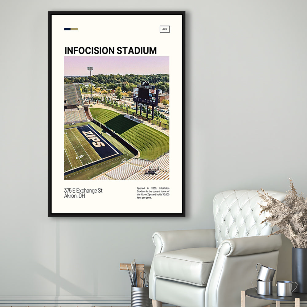 InfoCision Stadium Print, Akron Zips Stadium Canvas Art, Man Cave Gift, Floating Framed Canvas Print Wall Art