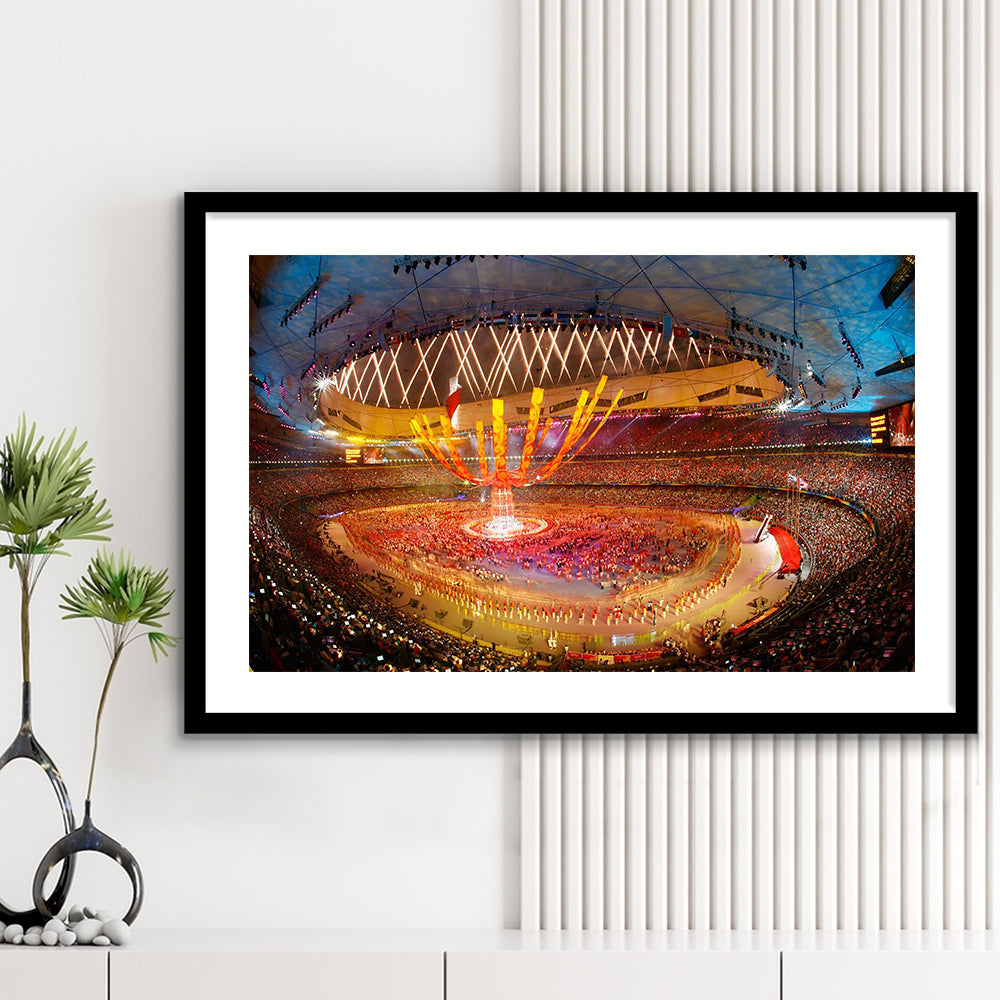 Inside Beijing Olympic Stadium, Stadium Canvas, Sport Art, Gift for him, White Border Framed Art Print Wall Decor