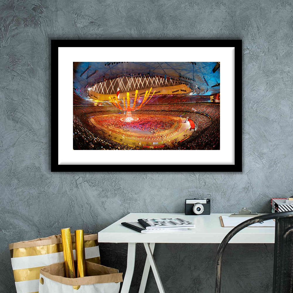 Inside Beijing Olympic Stadium, Stadium Canvas, Sport Art, Gift for him, White Border Framed Art Print Wall Decor