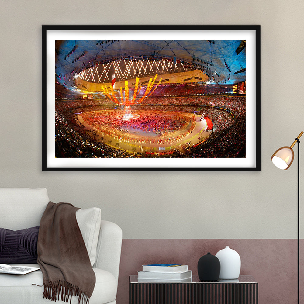 Inside Beijing Olympic Stadium, Stadium Canvas, Sport Art, Gift for him, White Border Framed Art Print Wall Decor