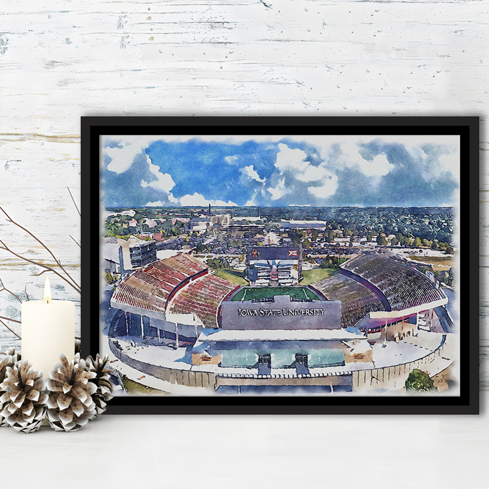 Iowa State Cyclones, Jack Trice Painting Stadium Watercolor, Sport Gift Art, Framed Canvas Print Wall Art