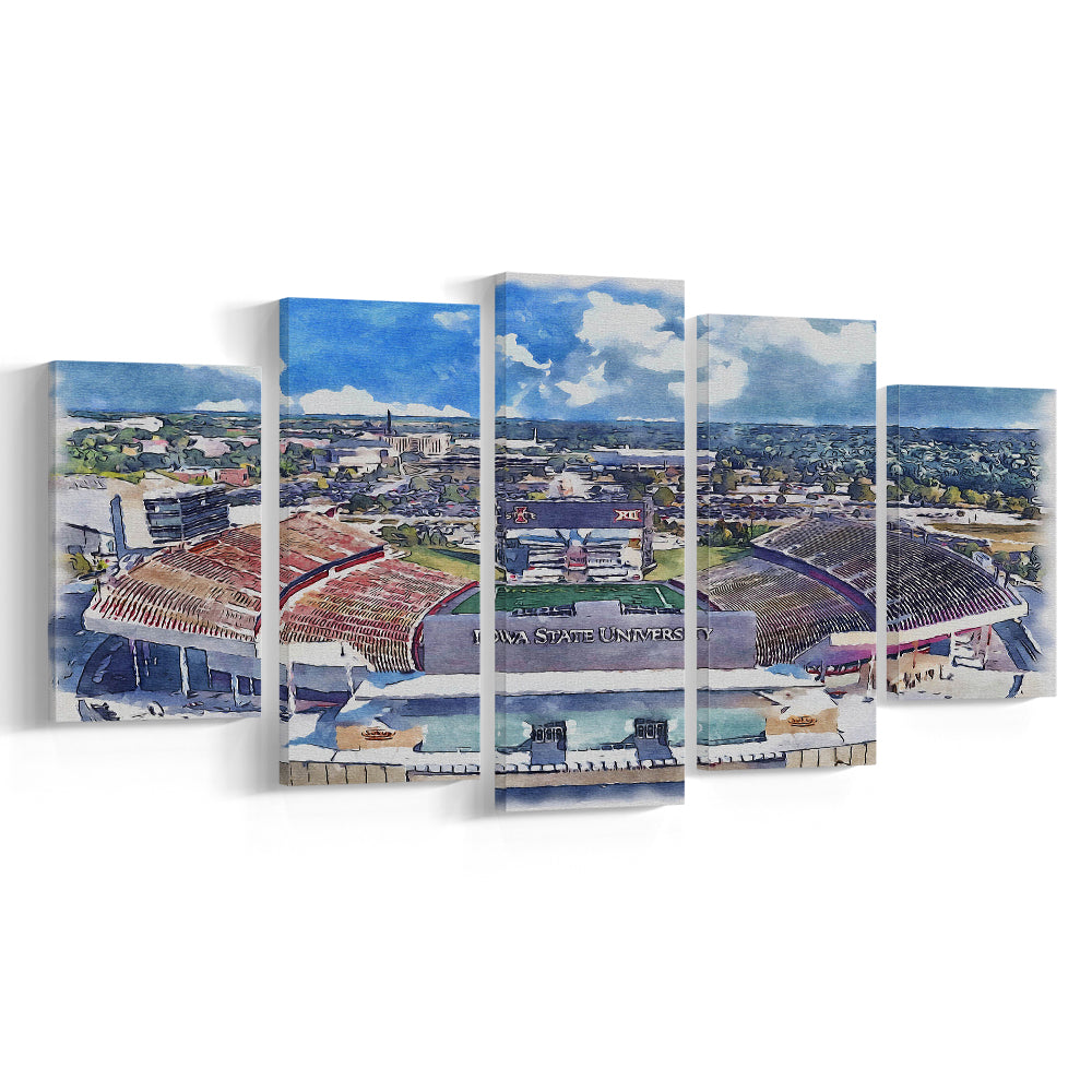 Iowa State Cyclones, Jack Trice Painting Stadium Watercolor, Sport Art, Mixed 5 Panel, Canvas Print Wall Art