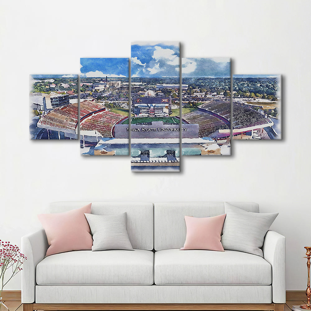 Iowa State Cyclones, Jack Trice Painting Stadium Watercolor, Sport Art, Mixed 5 Panel, Canvas Print Wall Art