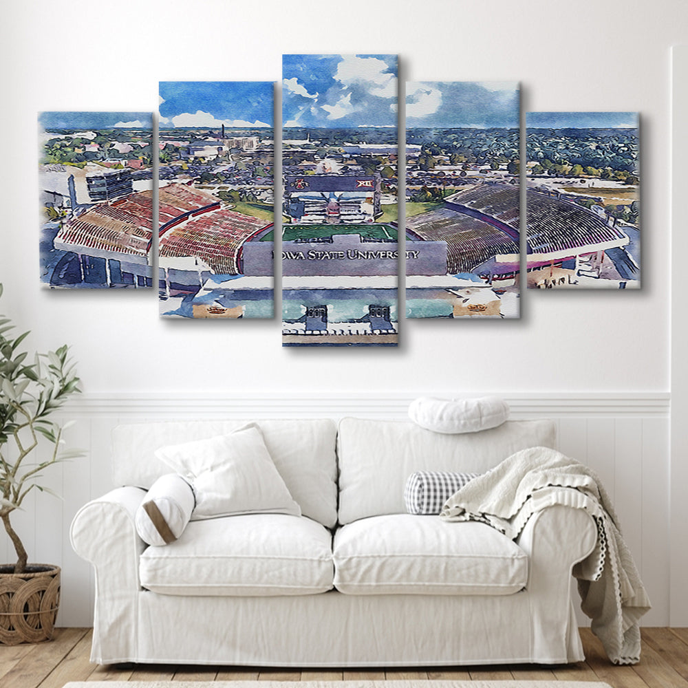 Iowa State Cyclones, Jack Trice Painting Stadium Watercolor, Sport Art, Mixed 5 Panel, Canvas Print Wall Art