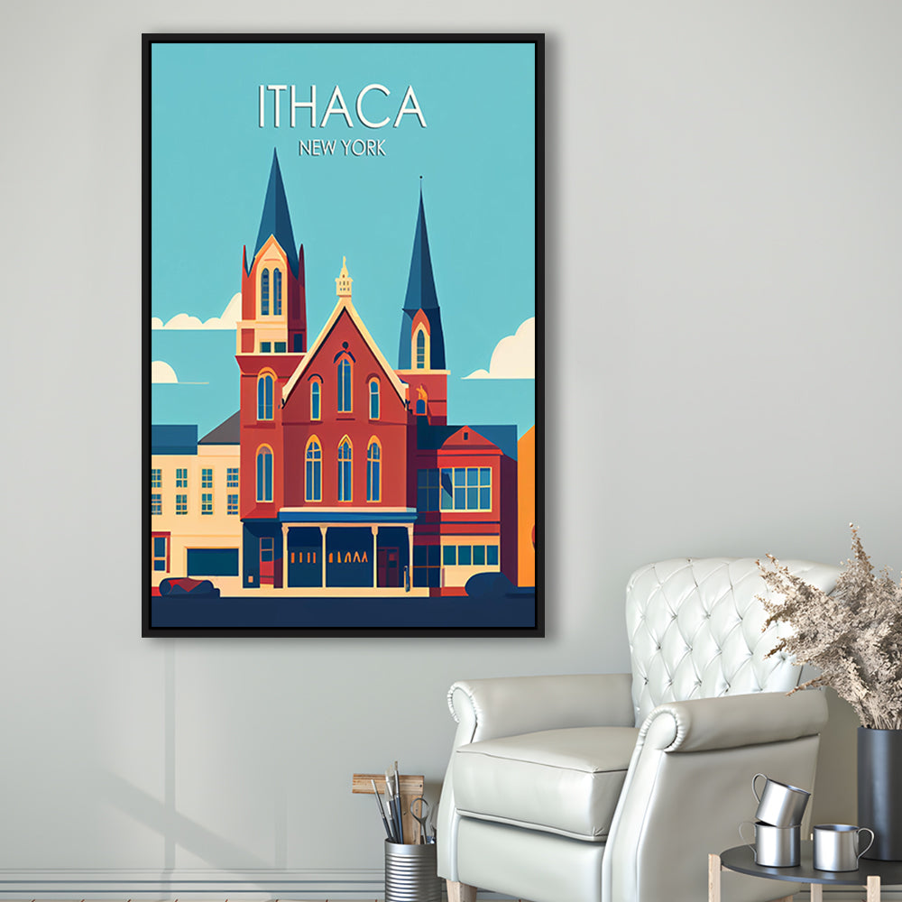 Ithaca New York Retro Art Print, Ithaca City Wall Art, Floating Framed Canvas Print, Framed Picture, Painting Canvas