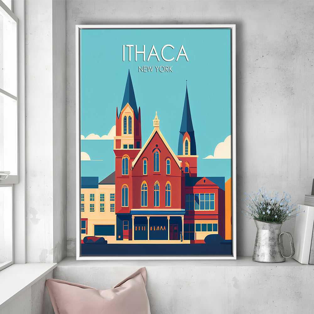 Ithaca New York Retro Art Print, Ithaca City Wall Art, Floating Framed Canvas Print, Framed Picture, Painting Canvas