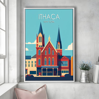 Ithaca New York Retro Art Print, Ithaca City Wall Art, Floating Framed Canvas Print, Framed Picture, Painting Canvas