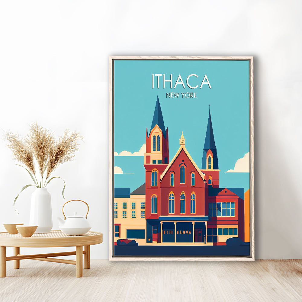 Ithaca New York Retro Art Print, Ithaca City Wall Art, Floating Framed Canvas Print, Framed Picture, Painting Canvas