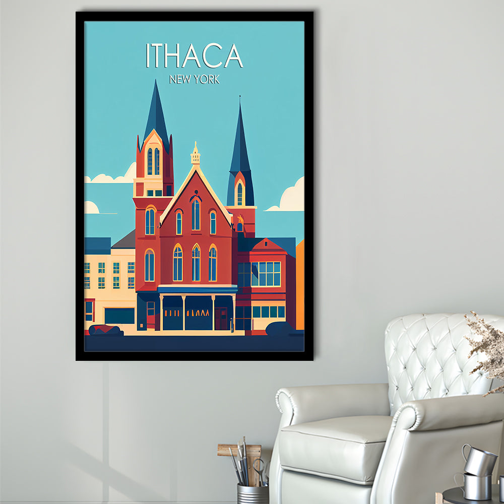 Ithaca New York Retro Art Print, Ithaca City Wall Art, Framed Art Print, Picture Framed, Painting Art