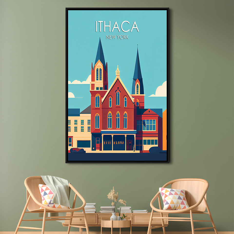 Ithaca New York Retro Art Print, Ithaca City Wall Art, Floating Framed Canvas Print, Framed Picture, Painting Canvas
