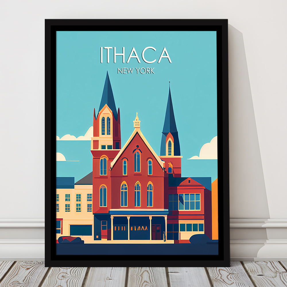 Ithaca New York Retro Art Print, Ithaca City Wall Art, Floating Framed Canvas Print, Framed Picture, Painting Canvas