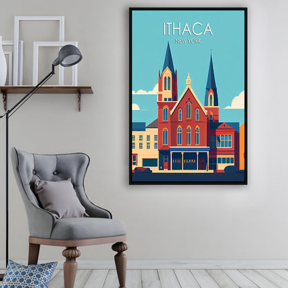 Ithaca New York Retro Art Print, Ithaca City Wall Art, Floating Framed Canvas Print, Framed Picture, Painting Canvas