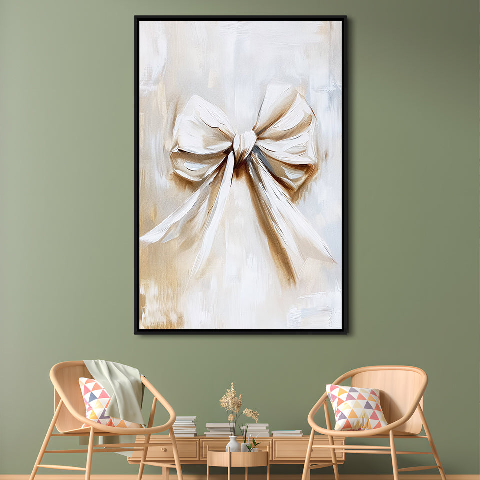 Ivory Bow Coquette Oil Painting Vintage Print Nursery Girly Preppy, Framed Canvas Print Wall Art, Floating Frame