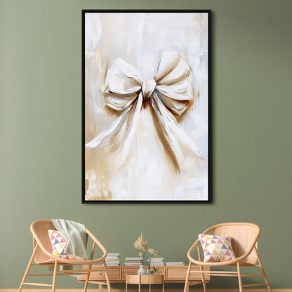 Ivory Bow Coquette Oil Painting Vintage Print Nursery Girly Preppy, Framed Canvas Print Wall Art, Floating Frame