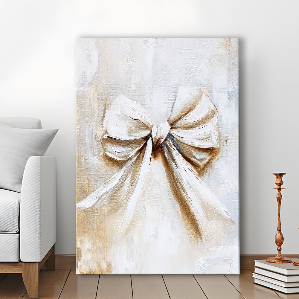 Ivory Bow Coquette Oil Painting Vintage Print Nursery Girly Preppy, Canvas Print Wall Art, Wall Decor, Painting Canvas