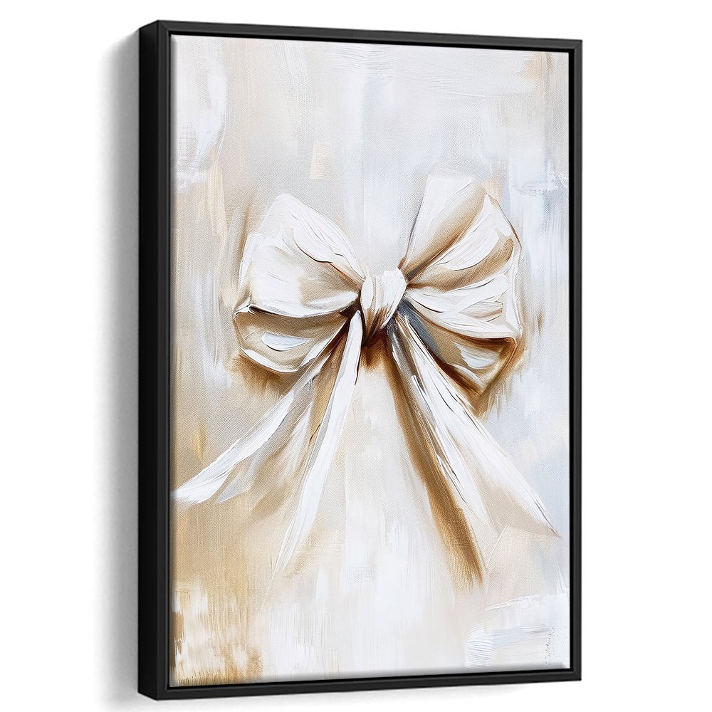 Ivory Bow Coquette Oil Painting Vintage Print Nursery Girly Preppy, Framed Canvas Print Wall Art, Floating Frame