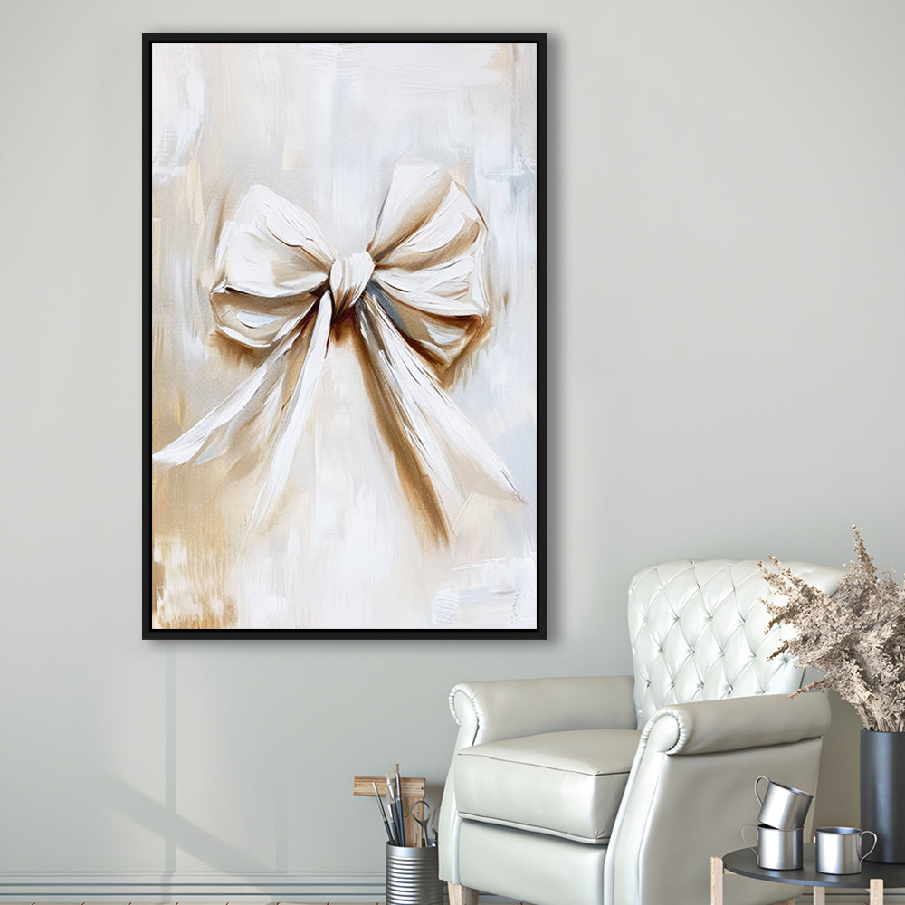 Ivory Bow Coquette Oil Painting Vintage Print Nursery Girly Preppy, Framed Canvas Print Wall Art, Floating Frame