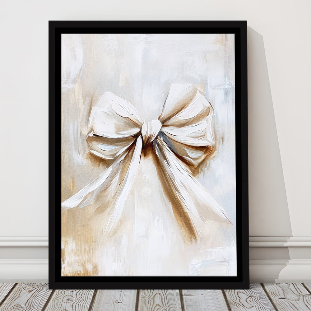 Ivory Bow Coquette Oil Painting Vintage Print Nursery Girly Preppy, Framed Canvas Print Wall Art, Floating Frame